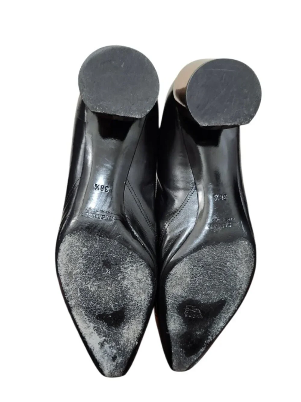 JIL SANDER Black Leather Pumps Gold Metallic Heel Pointed Toe Kitten Heel 38.5